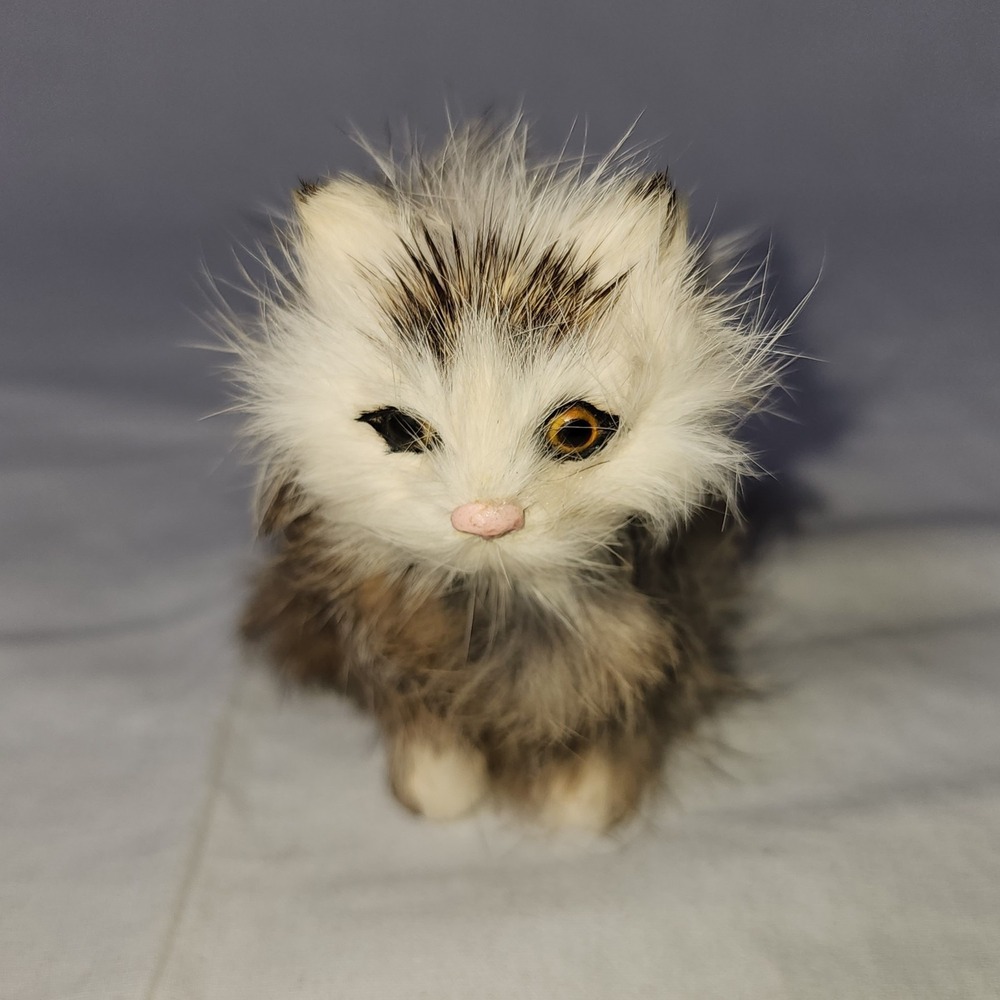 Rabbit Faux Fur Cat Figurine Realistic Soft Kitty Kitten Mini 4.5" Vintage